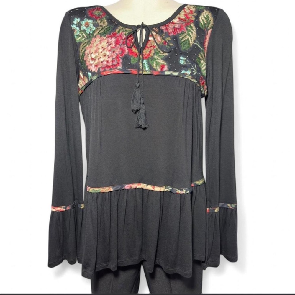 Hannah Black Floral Boho Tunic Top Tie Neck Long Sleeve Women’s Medium